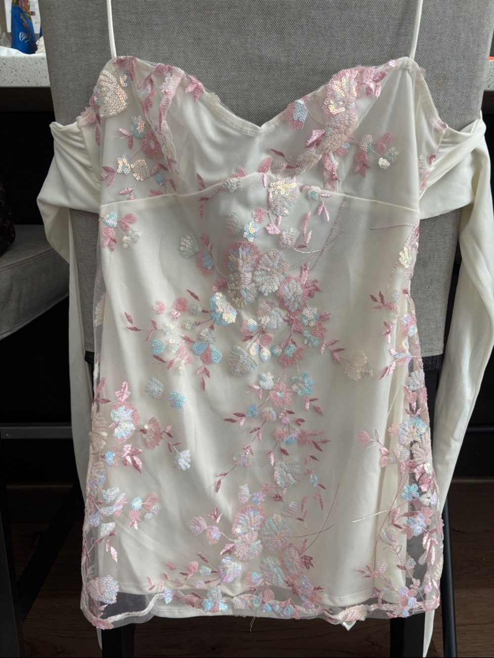 Lucy in the Sky Cream Floral Embroidered Off-Shoulder Slip Top
